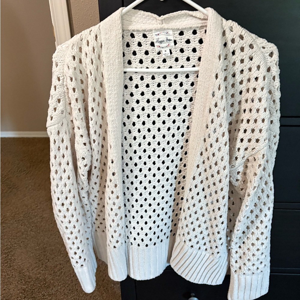 Hippie Rose White Cardigan with Textured Knit and Relaxed Fit